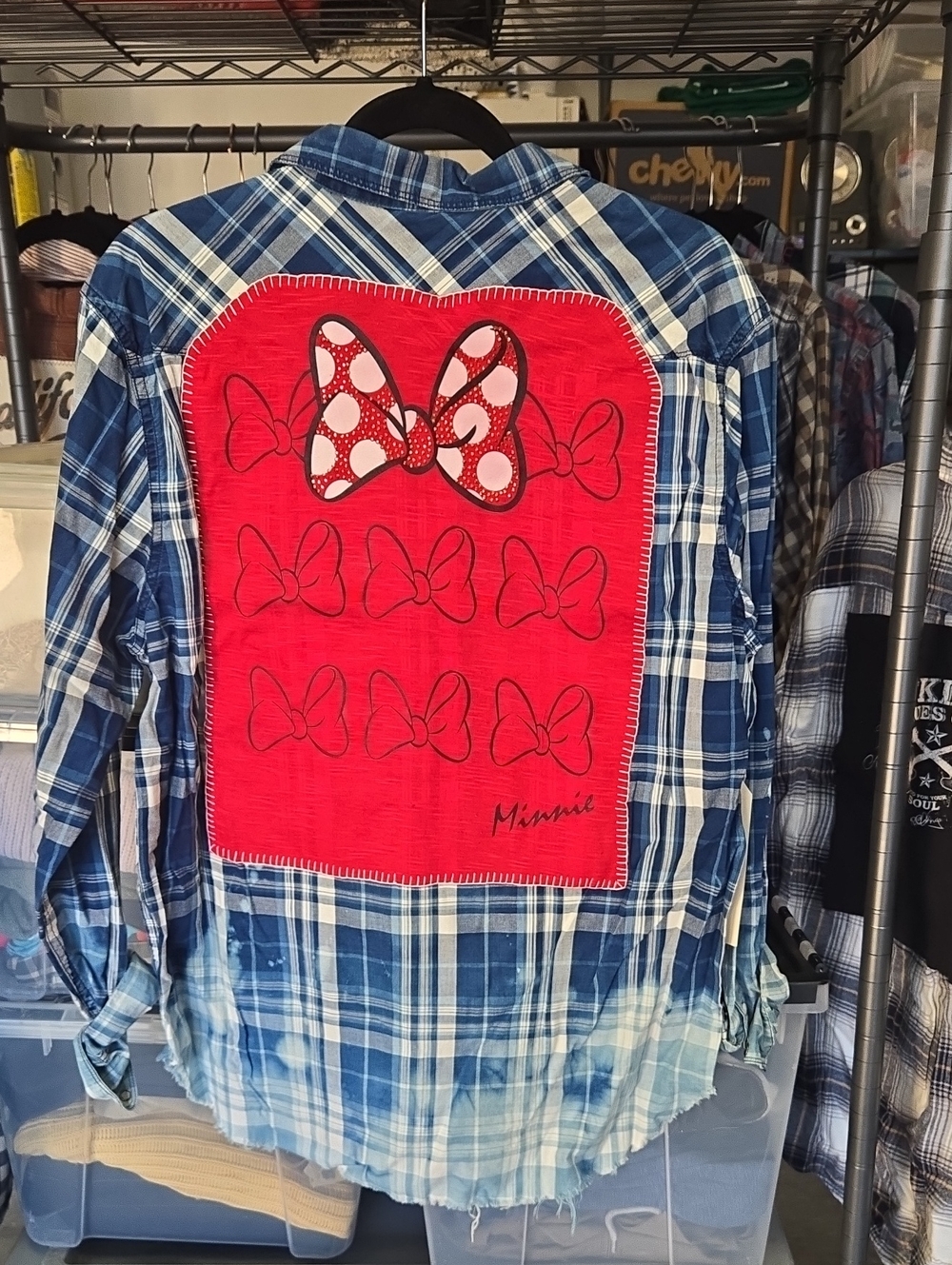 Blue Plaid Button-Down Shirt with Red Minnie Bow Back Panel